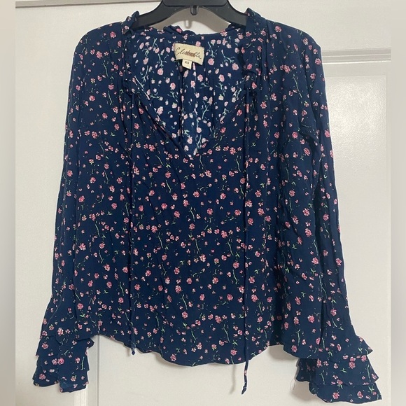 Cleobella Tie Neck Floral Blouse Navy Pink Tiered Bell Sleeve Ruffle XS - Picture 2 of 7